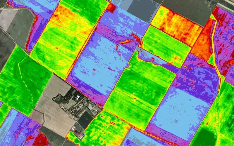 Heatmap generated from remote sensing data, displaying crop health variations across a field