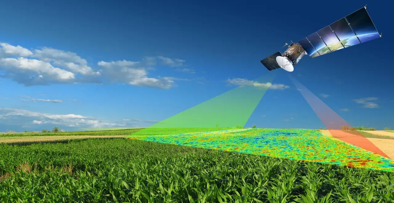 Satellite image processed with remote sensing techniques to show soil moisture levels