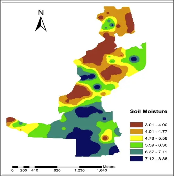 Color-Coded Map Showing Soil Moisture Levels Across a Field, with a legend indicating different moisture ranges.